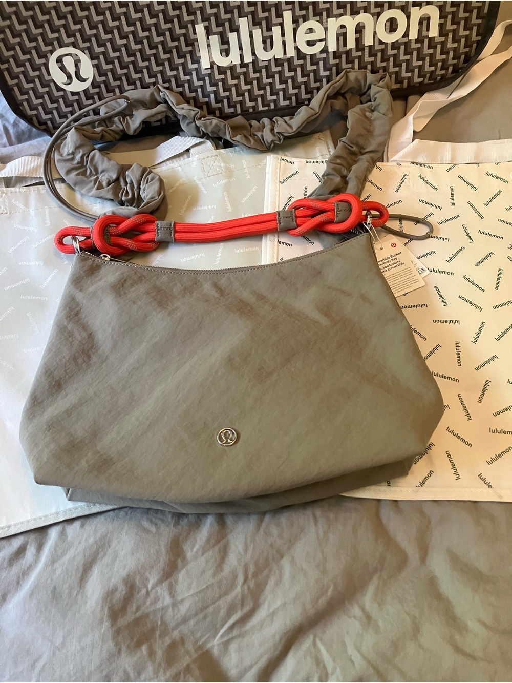 NWT Lululemon Ruched Crossbody Bag, 6.5 L, Washed Grey/Sunburst Orange